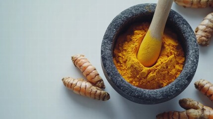 Fototapeta premium Fresh Turmeric Root with Ground Powder in Stone Mortar on White Background