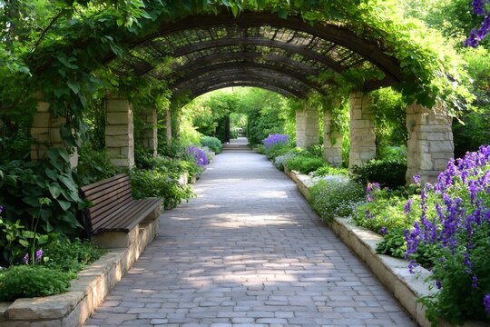 Beautiful pergola covering a paved path in a garden with purple flowers
