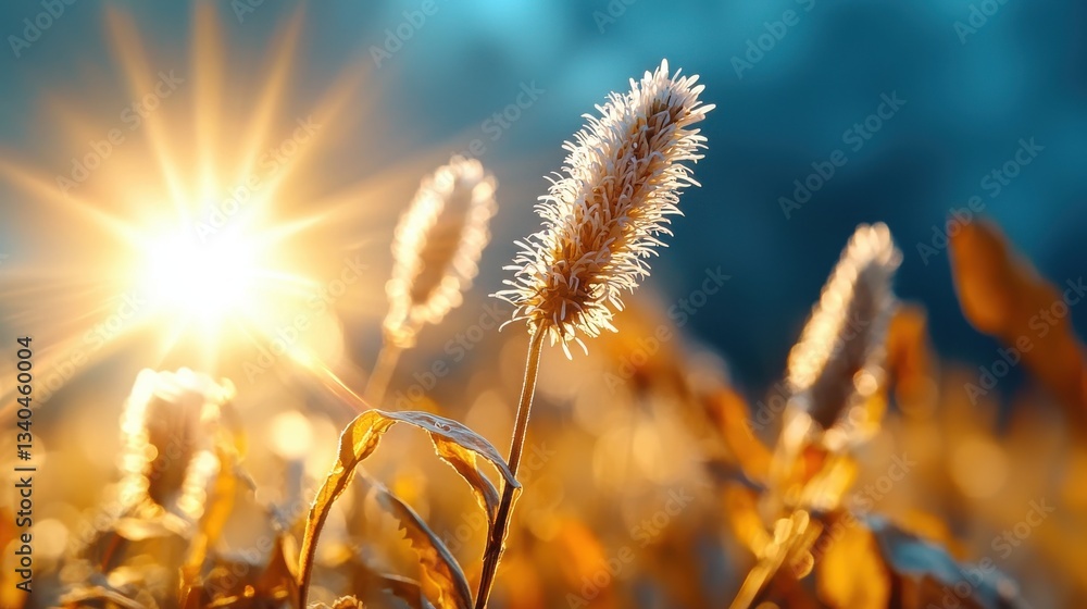 Poster a field of tall grass with a sun shining on it