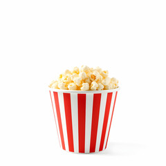 Popcorn in striped bucket isolated on white background