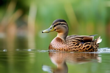 Fototapeta premium Female mallard duck swimming on green water with reflection