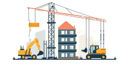 Construction site, crane, building, excavator, urban development, progress, modern architecture, illustration, stock photo