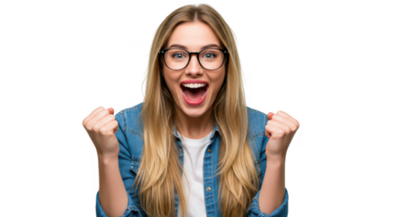 Blonde woman with glasses and denim jacket expressing joy