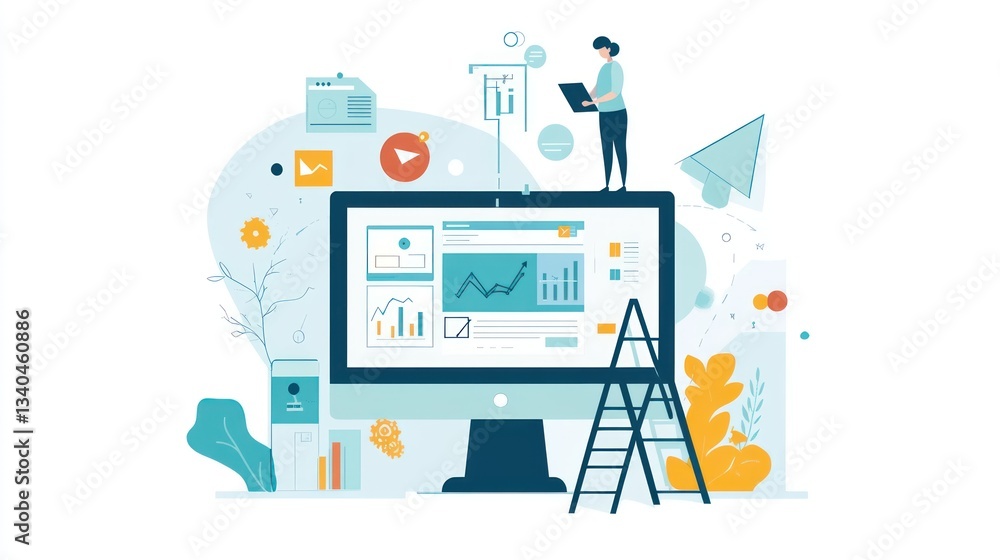 Poster woman reviewing data on a computer screen with charts and graphs