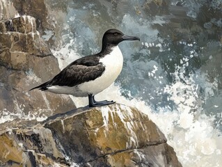 Another razorbill on the coastline, its posture proud against the rugged background of crashing waves and wind-blown cliffs