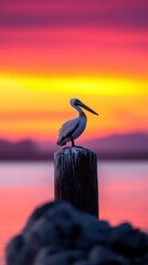 Pelican perched against a vibrant sunset sky.