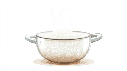 Illustration of rice gently parboiling in a transparent pot with wisps of steam rising, on a crisp white background