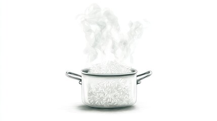 Illustration of rice gently parboiling in a transparent pot with wisps of steam rising, on a crisp white background