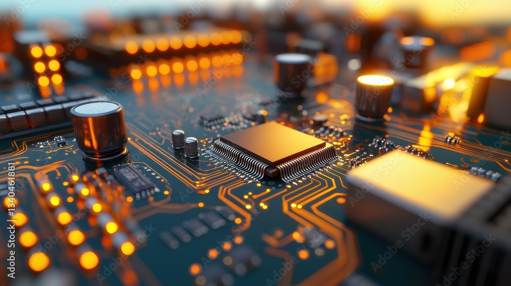 Poster close-up of a circuit board with glowing lights and components.