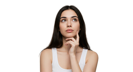Fototapeta premium Brunette woman in white tank top looking up with hand on face