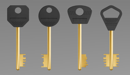 Golden skeleton keys set isolated on background. Vector realistic illustration of different shape metal clue to home, office, room door, real estate security, privacy access protection, success symbol