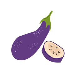 Cute eggplant isolated on white background. Trendy modern style. Healthy organic vegan food, fresh green vegetable. For infographics, identity decoration, social media post menu, recipe design