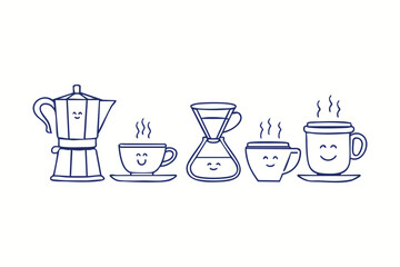 Minimalistic playful vector logo of coffee cups, mugs, and pots with funny cartoon illustrations, smiling characters, and graphic elements for advertising, branding, posters, and banners