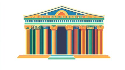 Colorful Greek temple illustration, front view, idyllic setting, for educational use