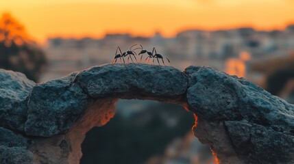 Two ants working together to build a bridge between rocks, symbolizing nature's teamwork and ingenuity in overcoming challenges