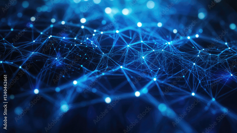 Poster vibrant network of interconnected blue lines and glowing nodes creates mesmerizing digital landscape, symbolizing technology and connectivity