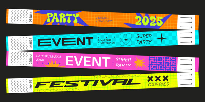 Party bracelet mockups set isolated on black background. Vector realistic illustration of paper wristbands for admission to concert, festival, hotel, vip show, bright neon branding, staff access tags