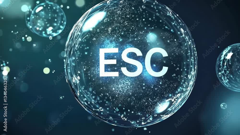 Poster glowing bubble with esc inside floating in dark abstract digital space with movement and depth, surr