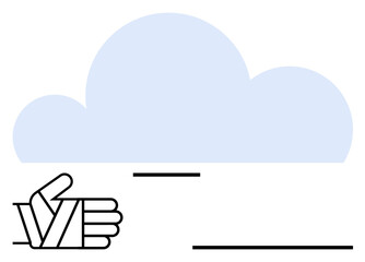 Hand displays thumbs-up gesture under soft blue cloud. Minimal lines create balance, representing positivity, approval, cloud technology, teamwork, or feedback. Ideal for online services, approval