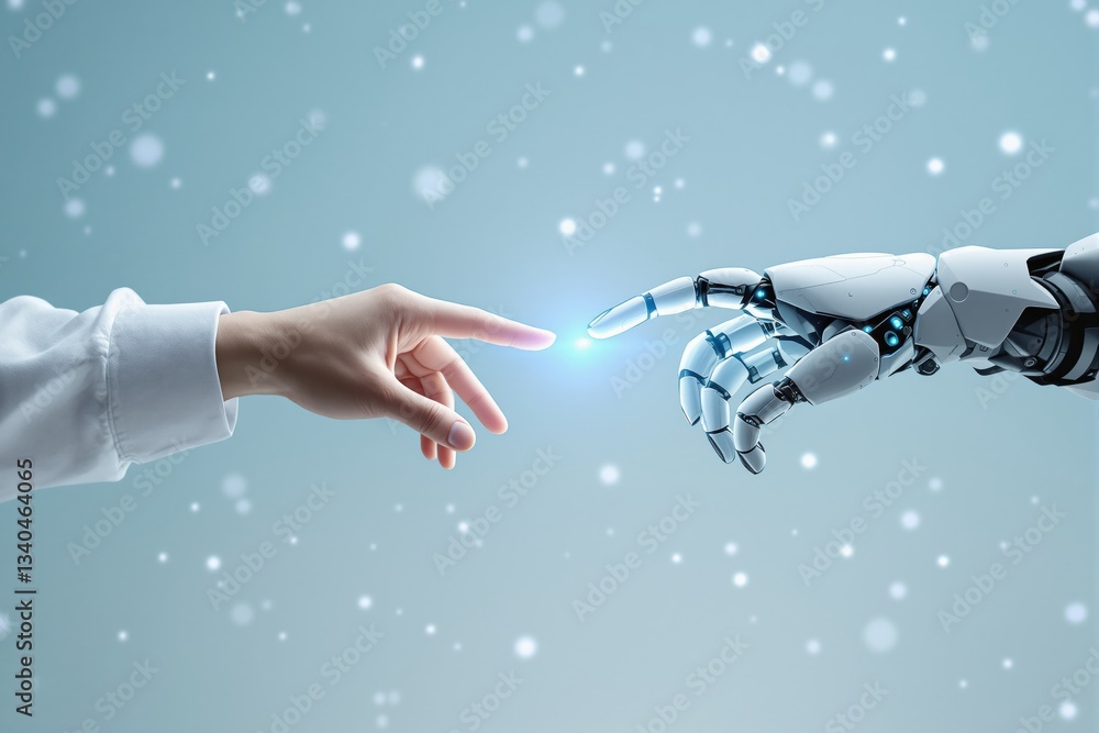 Aufkleber human and robotic hands reaching towards each other with glowing connection on futuristic background