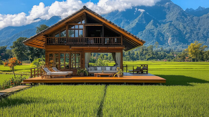 Fototapeta premium beautiful wooden house surrounded by lush green rice fields and majestic mountains in background, creating serene and peaceful atmosphere