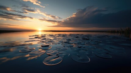Water lily pond landscapes harmony concept. Tranquil sunset over a calm lake with lily pads reflecting the colorful sky.