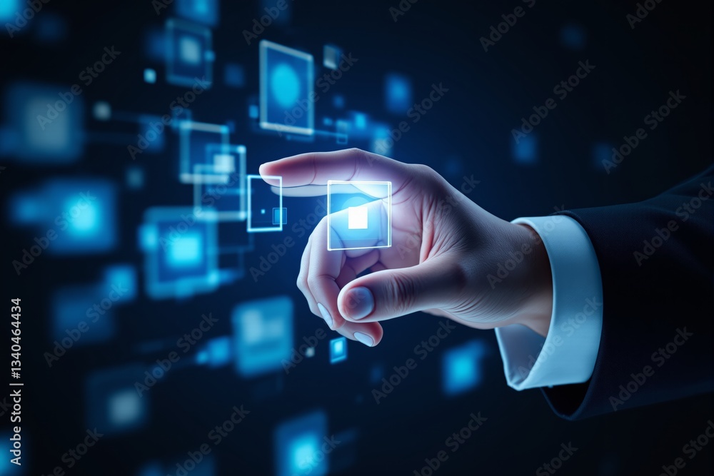 Aufkleber futuristic digital interface interaction with hand touching holographic elements.