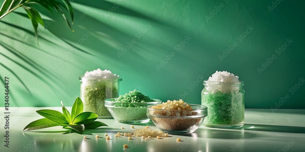 Poster minimalist luxury bath salts: earthy green gradient background with floating 3d objects and soft sha