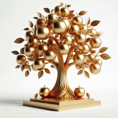 Fototapeta premium 3d metallic gold strong big apple tree with apples on a white background