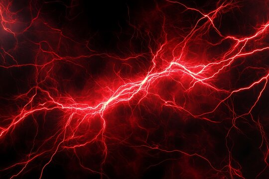 Dynamic abstract composition of red lightning bolts forming intricate patterns against stark black background high voltage energy concept