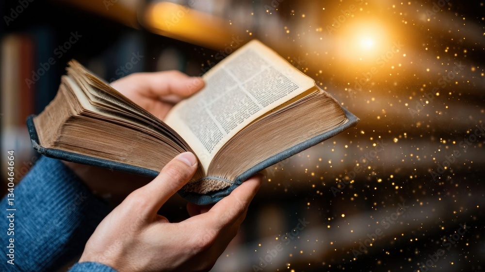 Poster open book with hands in a library setting.