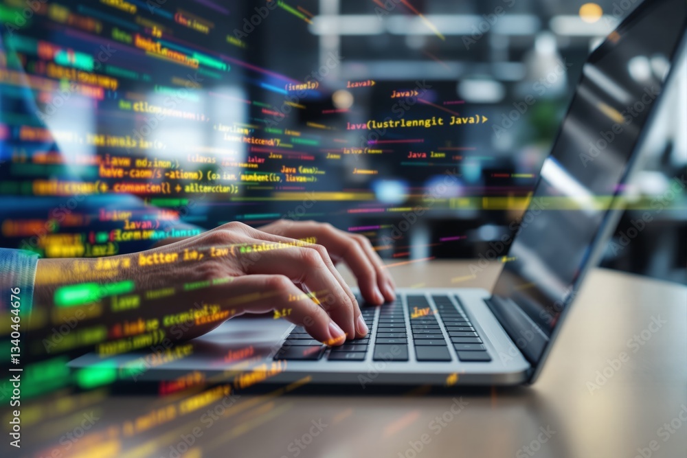 Poster Hands typing on a laptop keyboard with colorful programming code overlays in a modern office environment.