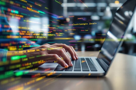 Hands typing on a laptop keyboard with colorful programming code overlays in a modern office environment. - Powered by Adobe
