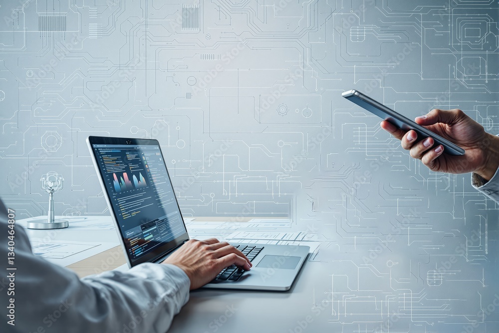 Poster futuristic workspace with businessman using laptop and smartphone.