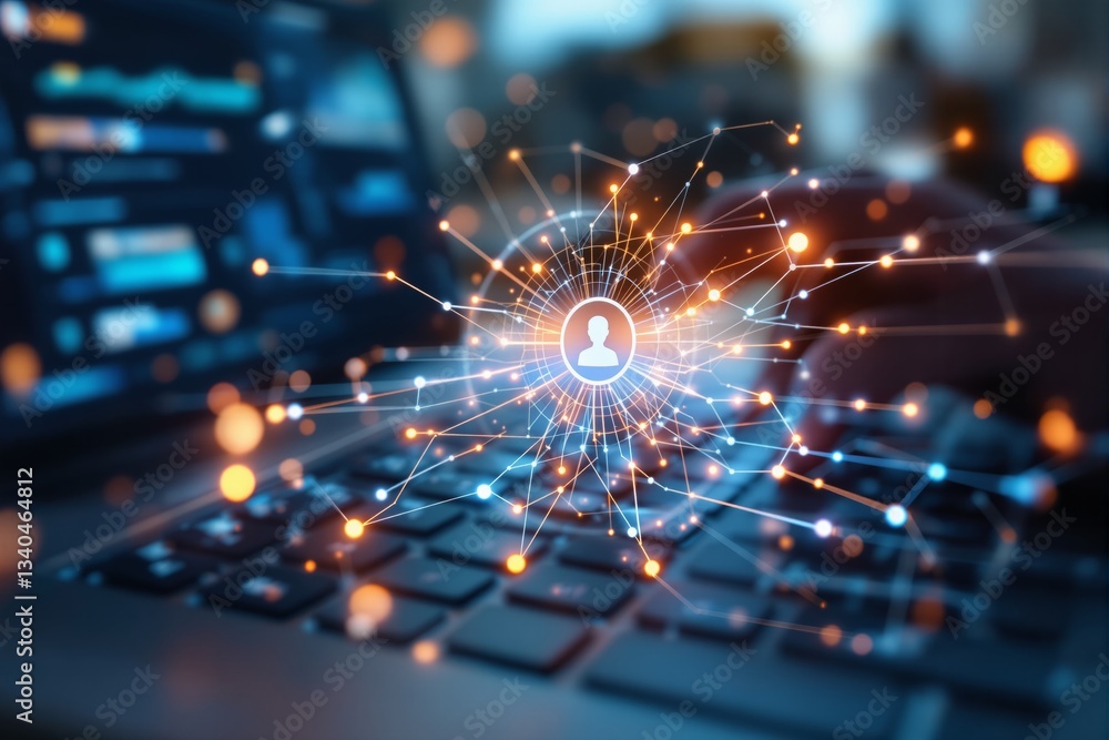 Aufkleber Digital network and cybersecurity concept with glowing data connections over a laptop keyboard.