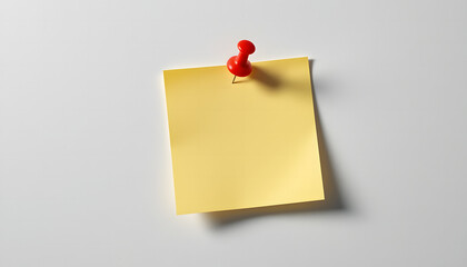 "A yellow sticky note pinned to a white surface with a red push pin. The note is blank, slightly tilted, and casting a soft shadow. The push pin is plastic with a round head, and its needle is piercin