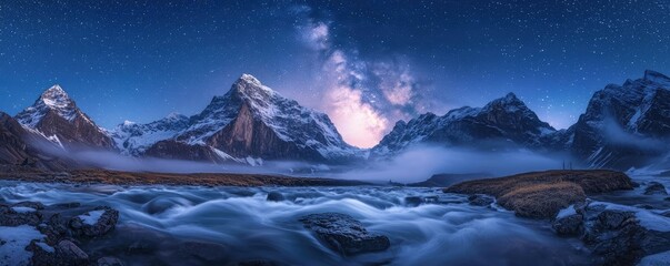 River rapids landscapes tranquility concept. river, rapids, dramatic, harmonious, glowing, landscapes Stunning panoramic view of mountains under a starry night sky with flowing river.