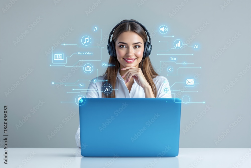 Poster woman using ai technology on laptop with futuristic digital interface.