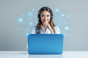 Woman using AI technology on laptop with futuristic digital interface.