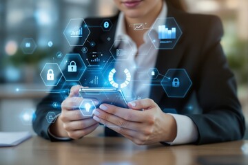 Businesswoman using smartphone with futuristic technology icons overlay.
