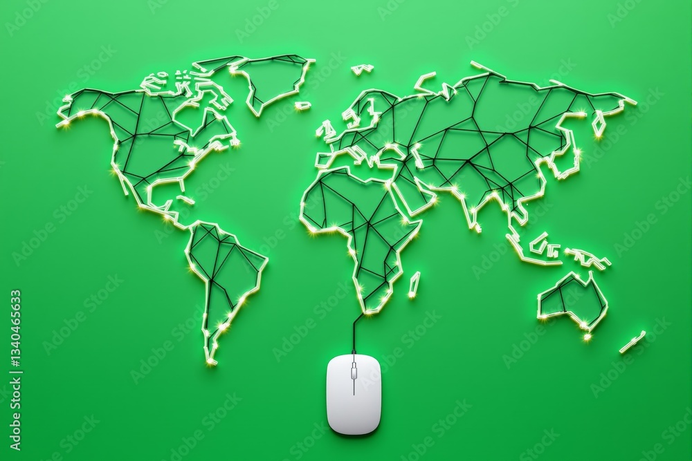 Poster creative digital world map with glowing connections and computer mouse.