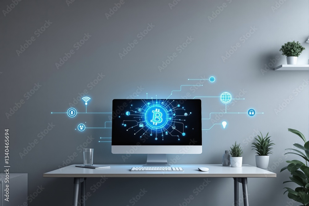 Poster Digital cryptocurrency concept with Bitcoin symbol on a computer screen in a modern workspace.