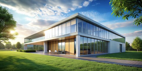 Obraz premium Modern Outdoor Building Mockup: Stylish Architecture Design in Sunny Landscape