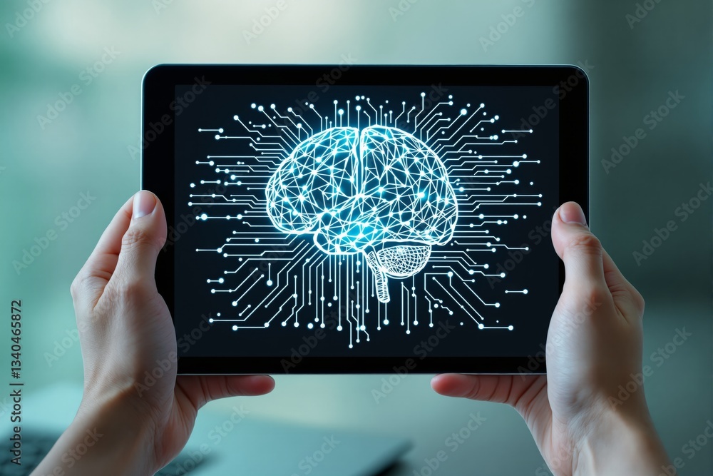 Aufkleber digital brain concept displayed on a tablet screen.