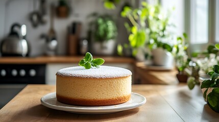 Homemade heat sponge cake on the kitchen counter with houseplant backgrounds