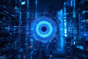 Futuristic digital eye with glowing blue circuits in a cyber cityscape.