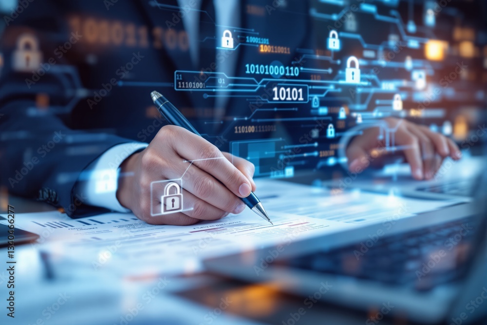Poster cybersecurity in business contract signing process.