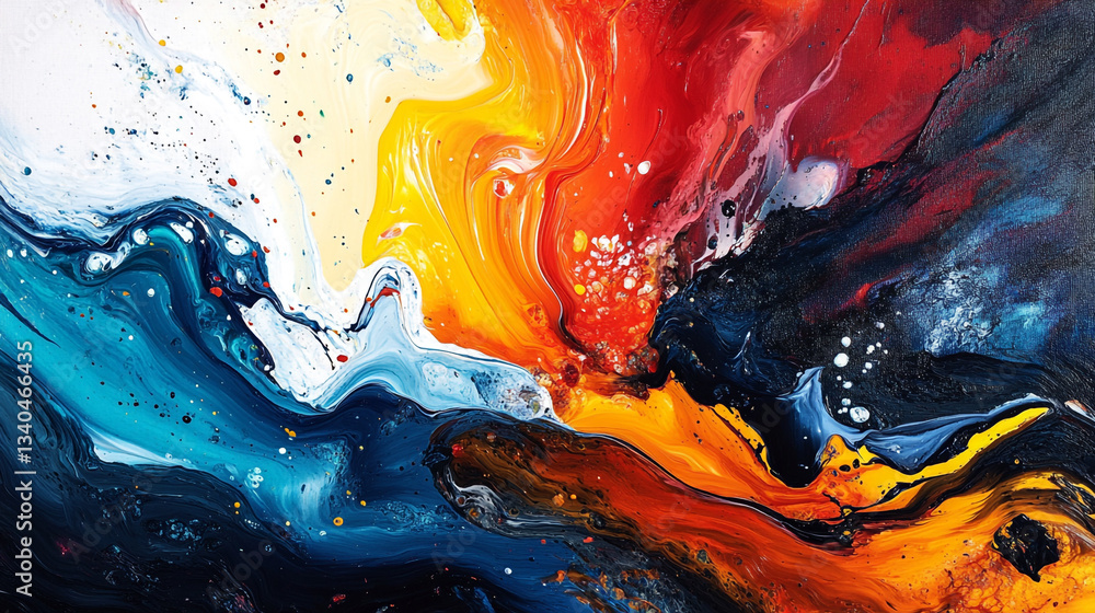 Poster an abstract painting that captivates with dynamic swirls of vibrant colors pattern, fluid paint with