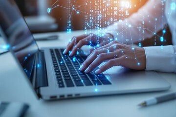 Hands typing on laptop with digital data flow.