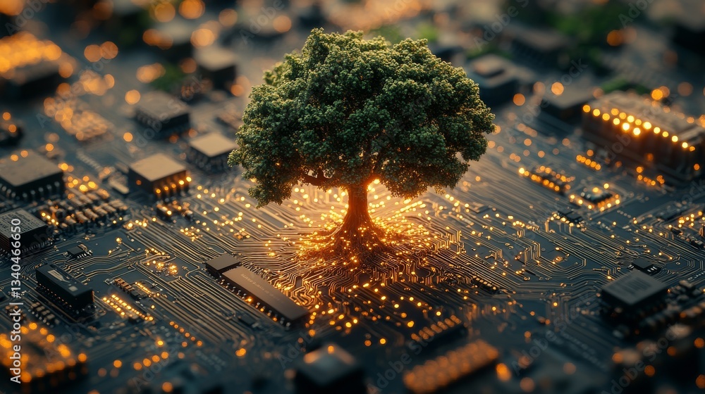 Poster tree on a glowing circuit board, symbolizing nature and technology fusion concept
